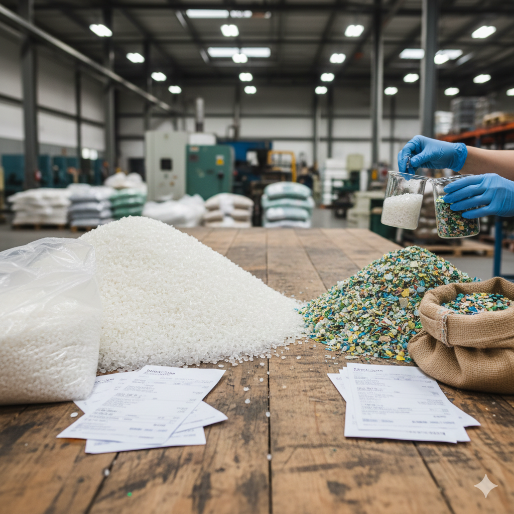 La Plastica Vergine Costa Meno Della Plastica Riciclata, 2 Mucchi Uno di Plastica Vergine di colore bianco, Uno di Plastica Riciclata di vari colori.