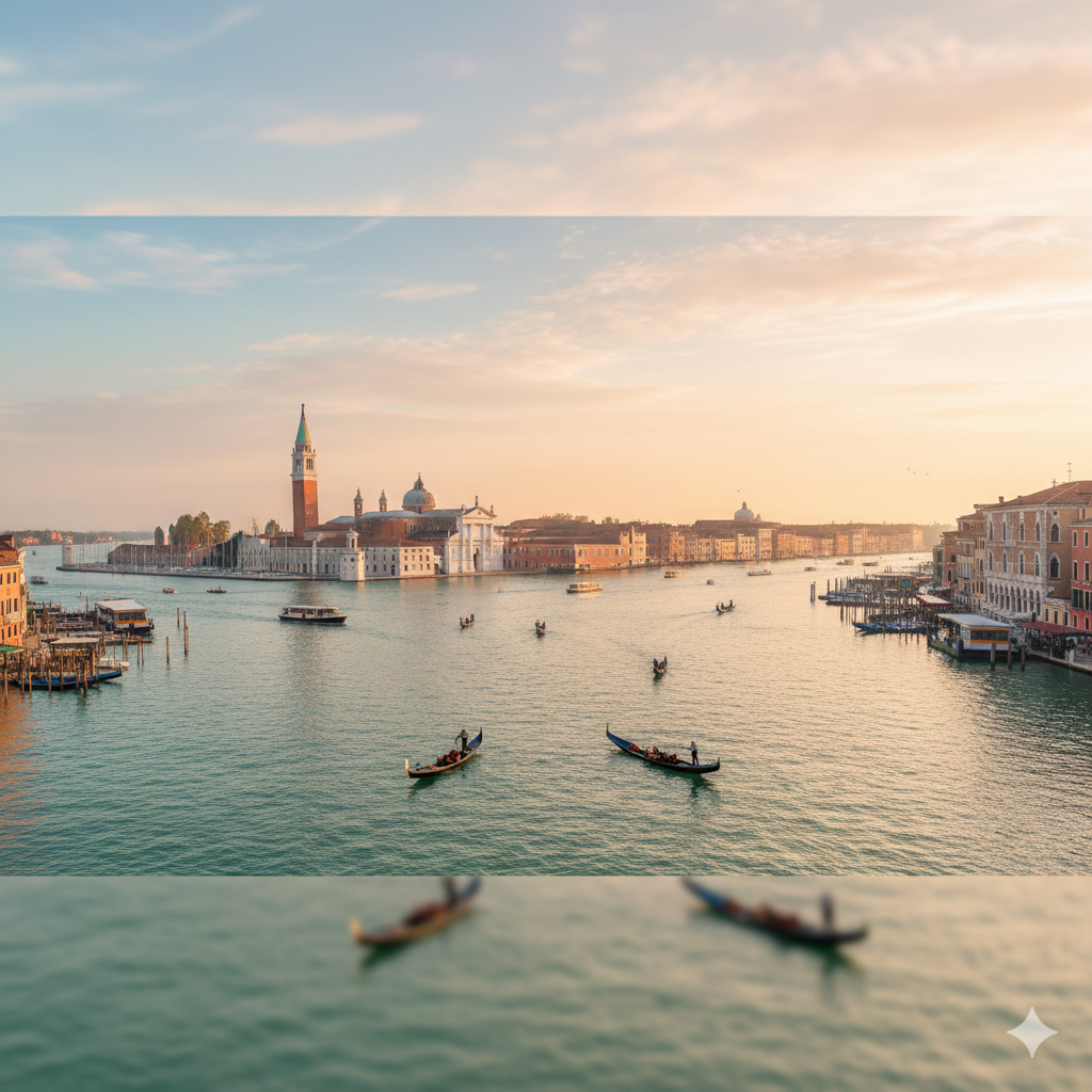 Patrimonio Dell’Umanità UNESCO. Rappresenta la Laguna di Venezia, con delle imbarcazioni Gondole.