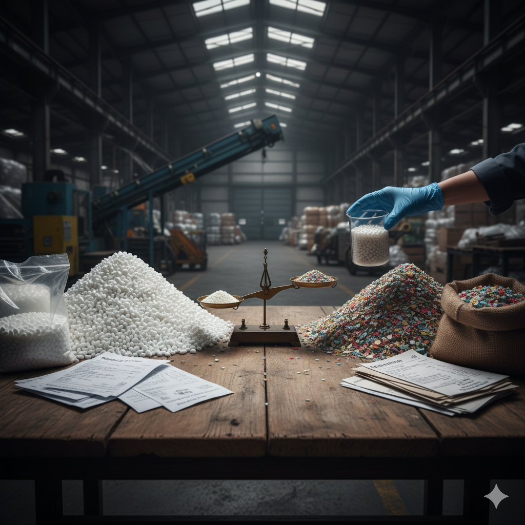 La Plastica Vergine Costa Meno Della Plastica Riciclata, 2 Mucchi Uno di Plastica Vergine di colore bianco, Uno di Plastica Riciclata di vari colori, su un tavolo e con bilancia con mucchio di plastica vergine e di plastica riciclata, quella vergine pesa di più