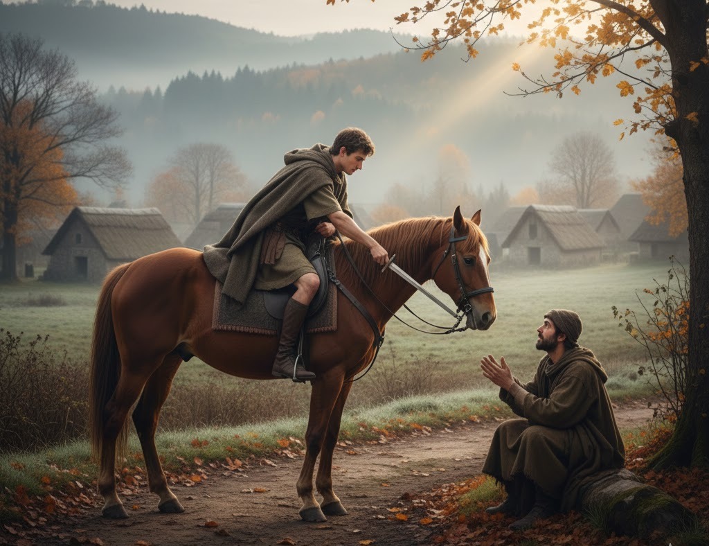 Immagine: Martino di Tours divide il mantello con un mendicante in un paesaggio autunnale, gesto di pietà e leggenda del IV secolo