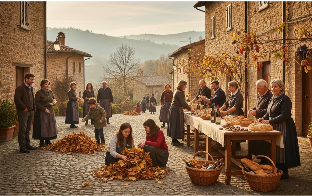 Immagine: Festa autunnale in un borgo italiano: persone condividono cibo e tradizioni locali, evocando il senso sociale della leggenda di San Martino