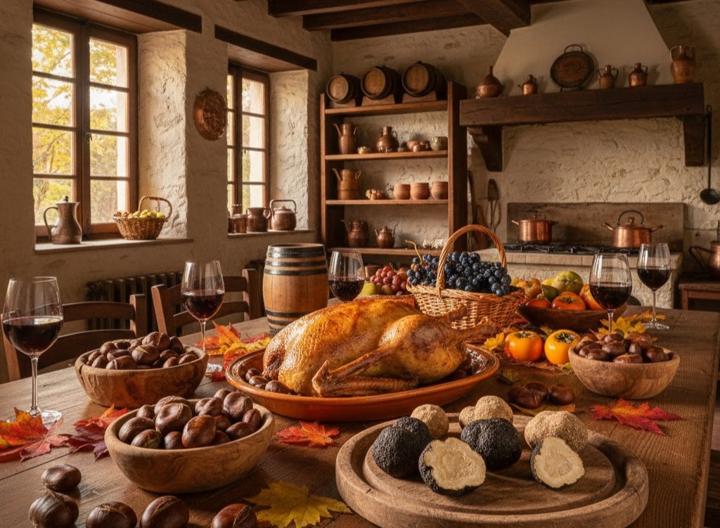 Immagine: Tavola autunnale in casa rurale piemontese con oca arrosto, caldarroste, tartufi e vino novello per la festa di San Martino