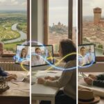 Foto: Tre professionisti lavorano in uffici con vista sul polesine, pinerolese e canavese connessi da scie luminose digitali che uniscono i loro monitor in videoconferenza. Artigiani del qui: la redazione creativa tra terre distanti