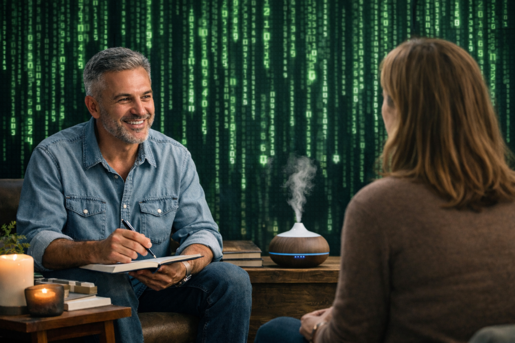 Life coach sorride e prende appunti durante una sessione di crescita quotidiana, con sfondo di codice digitale verde