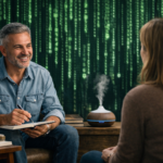 Life coach sorride e prende appunti durante una sessione di crescita quotidiana, con sfondo di codice digitale verde