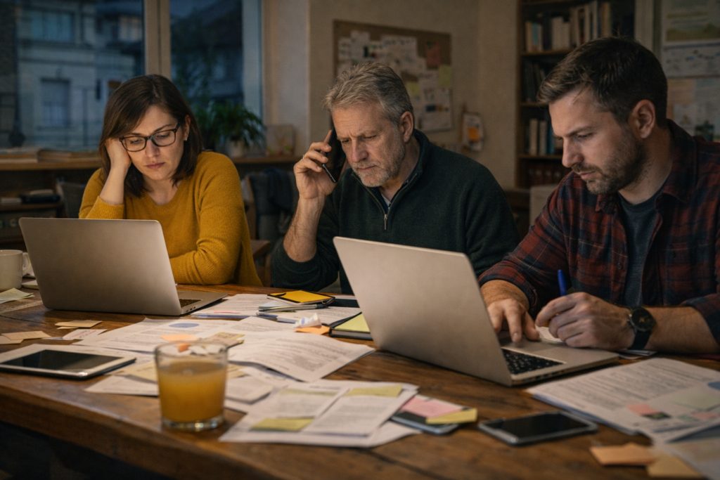 Foto: Team creativo lavora fino a tardi in home office: tre professionisti tra laptop, documenti e telefonate gestiscono attese e impegni con passione vera. Artigiani del qui: la redazione creativa tra terre distanti