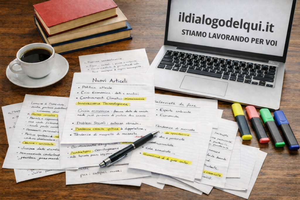 Foto: scrivania con fogli di appunti, caffè, pila di libri e laptop. Abbracciare l'oggi è creare il domani insieme