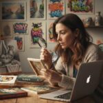 Donna osserva un quadro street art con lente tra laptop, ceramiche, libri fantasy e manga. Uno sguardo curioso nel mondo di Il dialogo del qui, il blog creativo