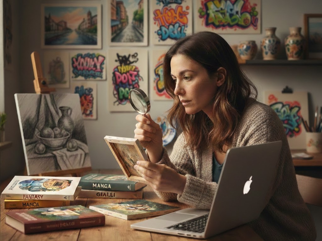 Donna osserva un quadro street art con lente tra laptop, ceramiche, libri fantasy e manga. Uno sguardo curioso nel mondo di Il dialogo del qui, il blog creativo