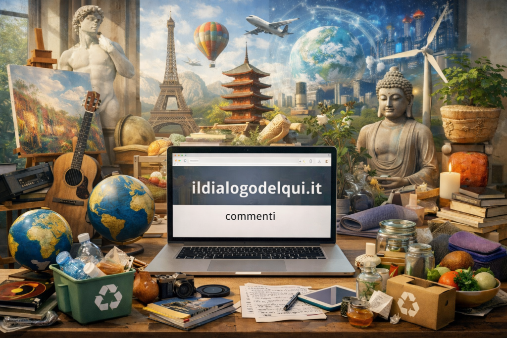 Cultura e dialogo in uno spazio digitale su laptop tra arte, riciclo e simboli di viaggio globali