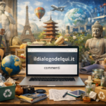 Cultura e dialogo in uno spazio digitale su laptop tra arte, riciclo e simboli di viaggio globali
