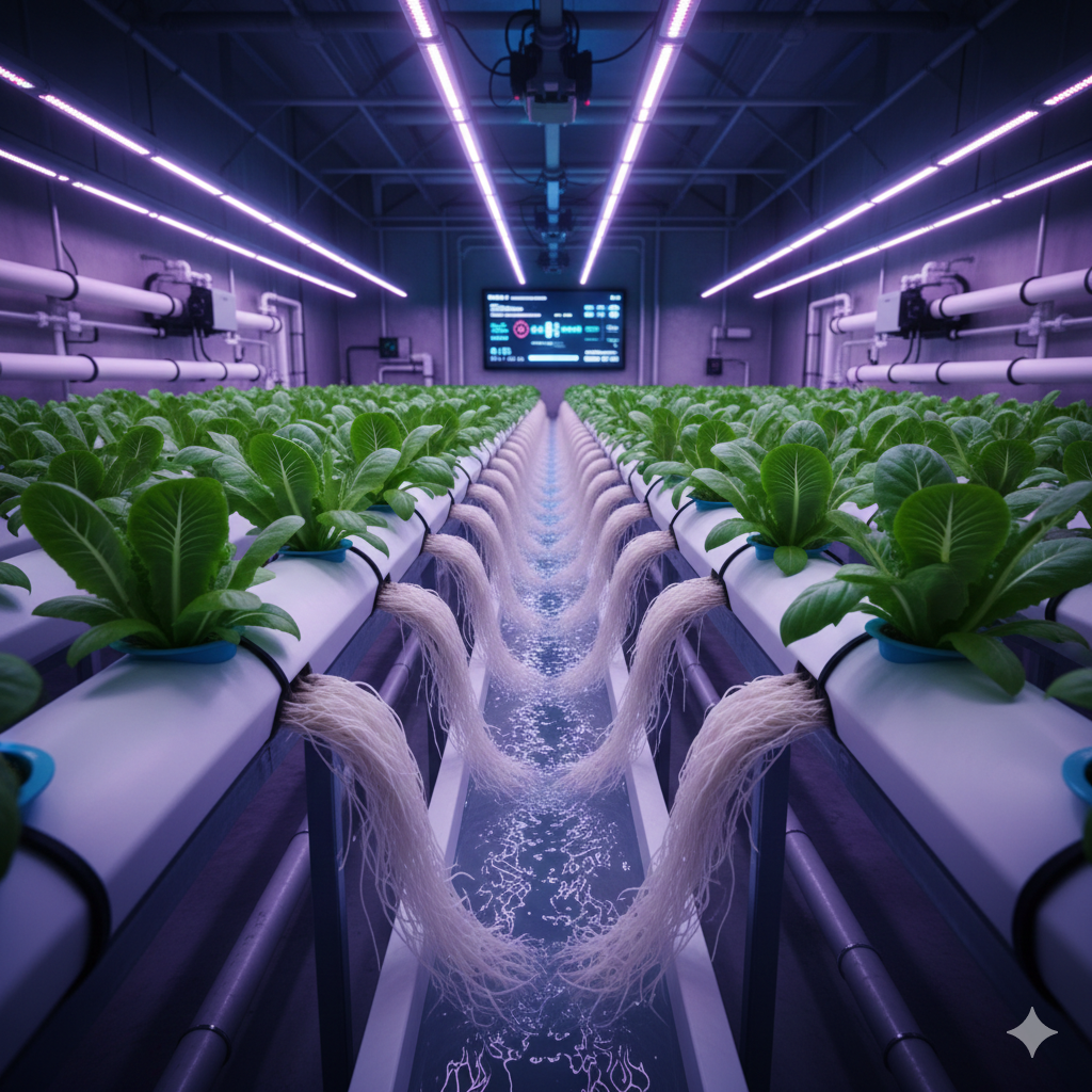 Coltivazione Fuori Suolo: La Guida Completa all'Agricoltura del Futuro (Idroponica, Aeroponica e Substrati) Rappresenta.          Un moderno sistema di coltivazione idroponica in una fattoria verticale illuminata da luci LED viola. Lunghe file parallele di tubi bianchi contengono piante di lattuga verde intenso che crescono rigogliose. Le radici bianche e fibrose delle piante fuoriescono dai fori nei tubi, immergendosi in un flusso di soluzione nutritiva visibile che scorre in canali centrali. L'acqua ricca di sostanze essenziali è chiaramente visibile mentre le radici la assorbono direttamente, evidenziando il principio chiave dell'idroponica. Sullo sfondo, un grande schermo digitale mostra dati e parametri di controllo, indicando l'ambiente altamente monitorato e automatizzato. Tubazioni e cavi corrono lungo il soffitto e le pareti, enfatizzando l'infrastruttura tecnologica che supporta questa agricoltura senza suolo. La simmetria delle file e l'illuminazione futuristica creano un'atmosfera di precisione e innovazione, mostrando l'efficienza e il potenziale di questa tecnica per la produzione alimentare su larga scala e in ambienti controllati.