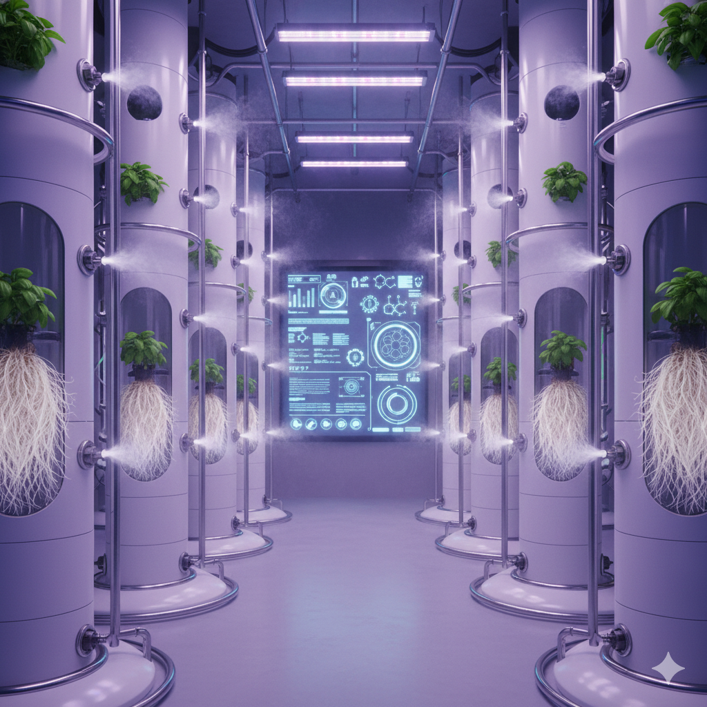 Coltivazione Fuori Suolo: La Guida Completa all'Agricoltura del Futuro (Idroponica, Aeroponica e Substrati) Rappresenta.     Un sistema di coltivazione aeroponica in un ambiente futuristico e illuminato da luci LED viola. Grandi torri cilindriche verticali, di colore bianco, fiancheggiano un corridoio centrale. Da aperture laterali in queste torri, spuntano piante verdi rigogliose, mostrando una crescita esterna ben sviluppata e radici dense e fibrose sospese all'interno dei cilindri, visibili attraverso sezioni trasparenti. Piccoli ugelli spruzzano una fine nebbia di soluzione nutritiva direttamente sulle radici esposte, un processo chiave dell'aeroponica per massimizzare l'assorbimento di ossigeno e nutrienti. Sullo sfondo, un grande schermo olografico o digitale mostra grafici complessi, dati scientifici, diagrammi molecolari e parametri di controllo, sottolineando l'alta tecnologia e la precisione scientifica di questo metodo. L'ambiente è pulito, ordinato e altamente automatizzato, con tubazioni e strutture metalliche che completano l'estetica industriale e innovativa della fattoria verticale. Questa rappresentazione visiva cattura l'essenza dell'aeroponica come una tecnica all'avanguardia per l'agricoltura in ambienti controllati, promettendo efficienza e rendimenti elevati.