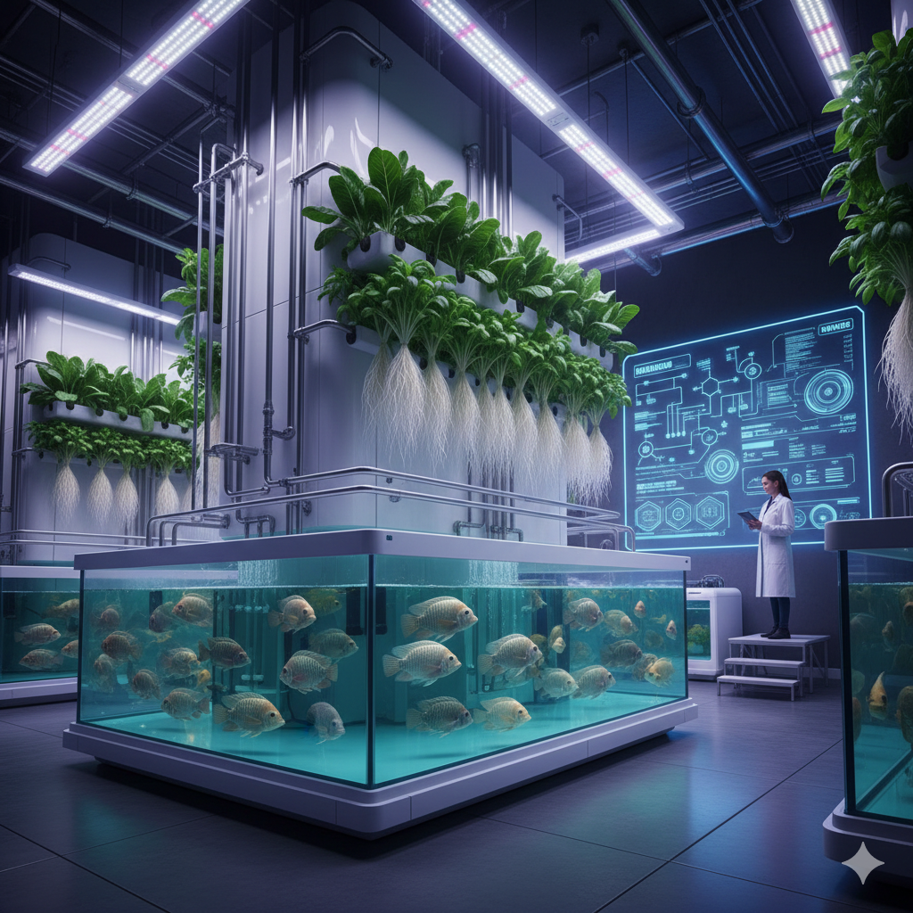 Coltivazione Fuori Suolo: La Guida Completa all'Agricoltura del Futuro (Idroponica, Aeroponica e Substrati) Rappresenta.          Un sofisticato sistema acquaponico in un laboratorio o fattoria verticale. Al centro della scena ci sono grandi acquari trasparenti, pieni di pesci che nuotano in acqua cristallina. Sopra questi acquari, e lungo le pareti verticali, crescono rigogliose piante verdi, mostrate con le loro radici bianche e dense che pendono in un sistema idroponico. Le luci LED bianche illuminano l'ambiente, mentre tubature e strutture metalliche indicano un'infrastruttura complessa e controllata. Sulla destra, una ricercatrice con camice bianco e tablet osserva un grande schermo olografico o digitale che mostra diagrammi complessi, dati scientifici e schemi di riciclo dell'acqua e dei nutrienti, spiegando il funzionamento dell'acquaponica. Questa scena illustra la simbiosi tra acquacoltura e coltivazione idroponica, dove i rifiuti dei pesci nutrono le piante, e le piante filtrano l'acqua per i pesci, creando un ecosistema sostenibile e produttivo. L'immagine enfatizza l'applicazione della scienza e della tecnologia per ottimizzare la produzione alimentare e la gestione delle risorse.