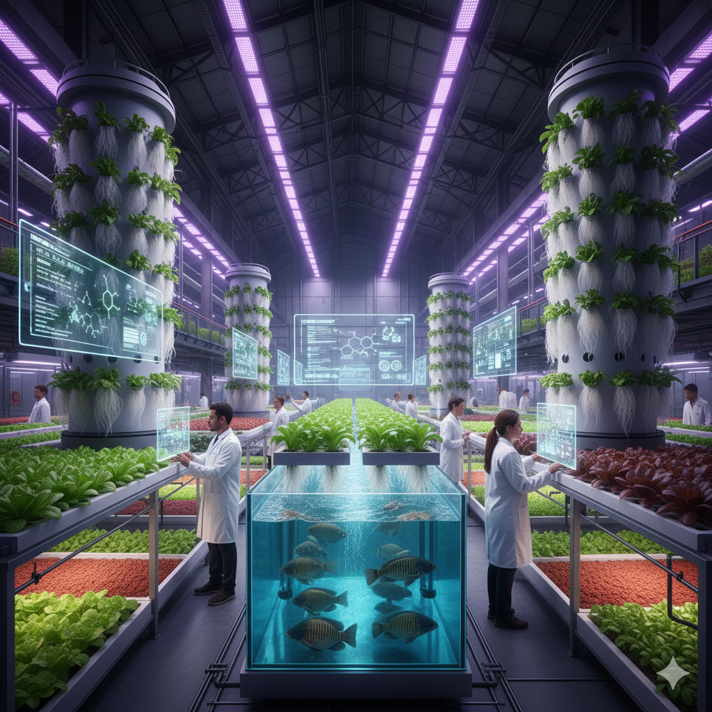 Coltivazione Fuori Suolo: La Guida Completa all'Agricoltura del Futuro (Idroponica, Aeroponica e Substrati) Rappresenta. Panoramica di una vasta fattoria verticale futuristica e altamente tecnologica, illuminata da luci LED viola sul soffitto. Al centro, un grande acquario trasparente ospita pesci, indicando un sistema acquaponico integrato. Attorno all'acquario e lungo i corridoi, si sviluppano su diversi livelli file di piante verdi e rosse, coltivate in sistemi idroponici e aeroponici verticali. Le radici delle piante nelle torri verticali sono chiaramente visibili. Diversi ricercatori in camice bianco sono distribuiti nell'ambiente, monitorando le colture e interagendo con schermi olografici o digitali che mostrano dati, formule chimiche e parametri di crescita delle piante. L'atmosfera è di precisione scientifica e innovazione, con tubazioni e strutture metalliche a vista che sottolineano l'infrastruttura avanzata. Questa scena rappresenta la convergenza di diverse tecniche di coltivazione fuori suolo in un unico ambiente controllato, massimizzando l'efficienza produttiva e la sostenibilità, mostrando come l'agricoltura del futuro possa risolvere sfide alimentari globali sfruttando la tecnologia per produrre cibo in modo efficiente e in spazi confinati, con un impatto ambientale ridotto.
