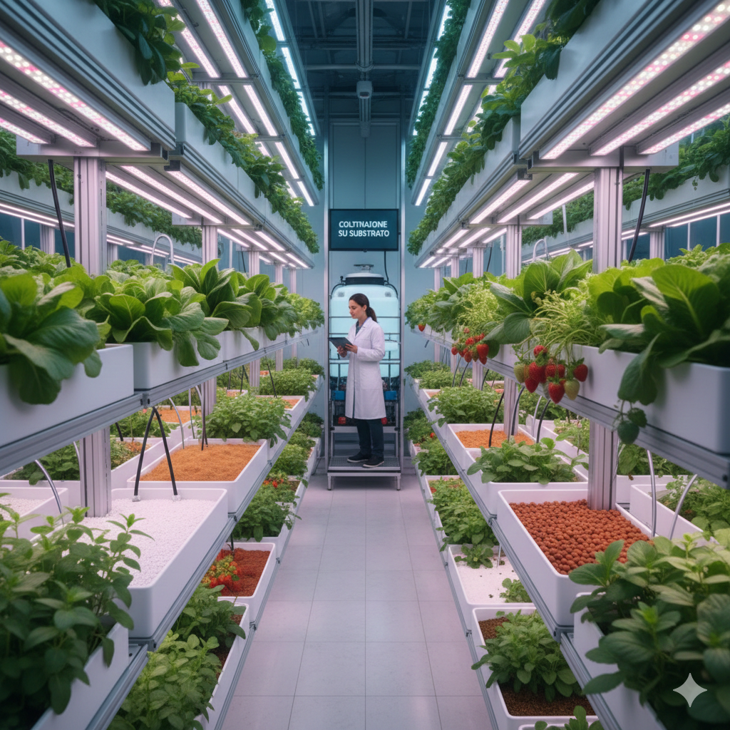 Coltivazione Fuori Suolo: La Guida Completa all'Agricoltura del Futuro (Idroponica, Aeroponica e Substrati) Rappresenta. Un'agricoltrice con camice bianco e tablet in mano, in piedi su una piccola scala all'interno di una moderna fattoria verticale. La donna osserva attentamente le piante che crescono rigogliose su scaffalature multilivello illuminate da luci LED. Diverse varietà di verdure a foglia verde e fragole rosse spiccano tra i vasi bianchi riempiti con diversi substrati di coltivazione, come argilla espansa e fibra di cocco. L'ambiente è altamente tecnologico, pulito e controllato, con tubazioni e sensori visibili che gestiscono l'irrigazione e la nutrizione delle piante. Un display luminoso in alto indica "COLTIVAZIONE SU SUBSTRATO", evidenziando la tecnica impiegata. Questa scena mostra l'innovazione e l'efficienza dell'agricoltura fuori suolo, dove la tecnologia e la scienza si uniscono per ottimizzare la produzione alimentare in spazi ridotti, garantendo un futuro più sostenibile e indipendente dalle condizioni climatiche e dalla qualità del suolo.