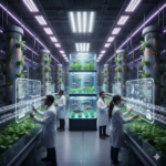 Coltivazione Fuori Suolo: La Guida Completa all'Agricoltura del Futuro (Idroponica, Aeroponica e Substrati) Rappresenta. Interno futuristico di una serra verticale illuminata da pannelli LED rettangolari disposti in file simmetriche sul soffitto. Ai lati, colonne idroponiche cilindriche ospitano piante verdi rigogliose, fragole rosse mature e radici a vista che scendono come filamenti chiari. Al centro dello spazio, una vasca trasparente contiene acqua limpida e foglie acquatiche, creando un punto focale luminoso e silenzioso. La struttura metallica scura, attraversata da linee viola, suggerisce tecnologia avanzata e controllo ambientale. L’ambiente è pulito, ordinato, quasi sterile, ma animato dalla vitalità delle colture. La prospettiva centrale accentua profondità e precisione industriale, mentre la luce fredda valorizza texture, colori e volumi. L’immagine comunica sostenibilità, agricoltura urbana ad alta efficienza e un futuro in cui natura e ingegneria convivono in equilibrio armonioso. Per le prossime generazioni.