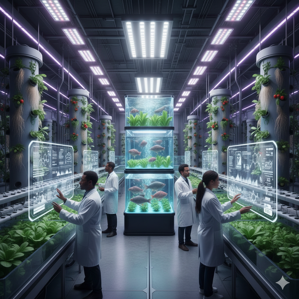 Coltivazione Fuori Suolo: La Guida Completa all'Agricoltura del Futuro (Idroponica, Aeroponica e Substrati) Rappresenta. Interno futuristico di una serra verticale illuminata da pannelli LED rettangolari disposti in file simmetriche sul soffitto. Ai lati, colonne idroponiche cilindriche ospitano piante verdi rigogliose, fragole rosse mature e radici a vista che scendono come filamenti chiari. Al centro dello spazio, una vasca trasparente contiene acqua limpida e foglie acquatiche, creando un punto focale luminoso e silenzioso. La struttura metallica scura, attraversata da linee viola, suggerisce tecnologia avanzata e controllo ambientale. L’ambiente è pulito, ordinato, quasi sterile, ma animato dalla vitalità delle colture. La prospettiva centrale accentua profondità e precisione industriale, mentre la luce fredda valorizza texture, colori e volumi. L’immagine comunica sostenibilità, agricoltura urbana ad alta efficienza e un futuro in cui natura e ingegneria convivono in equilibrio armonioso. Per le prossime generazioni.