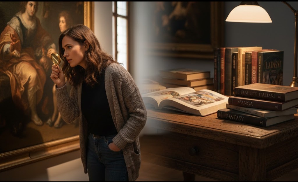Donna con lente osserva quadro al museo. Su scrivania libri fantasy impilati e uno aperto. Blog firmato Il dialogo del qui.