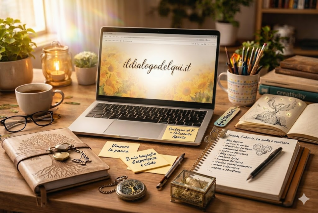 Scritture consapevole online su laptop con agenda, appunti e oggetti ispirazionali in scrivania luminosa e ordinata