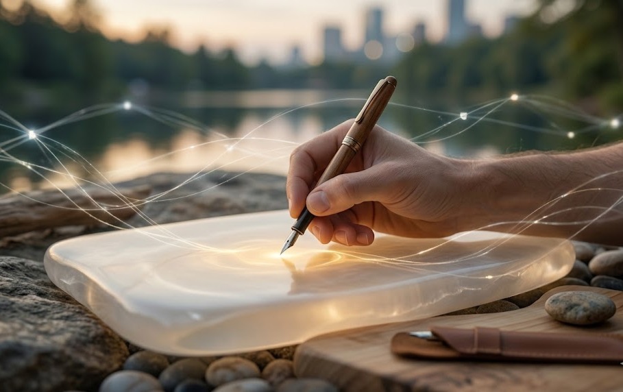 Mano che scrive con una penna su una superficie luminosa tra flussi digitali. Scrittura consapevole online e dialogo