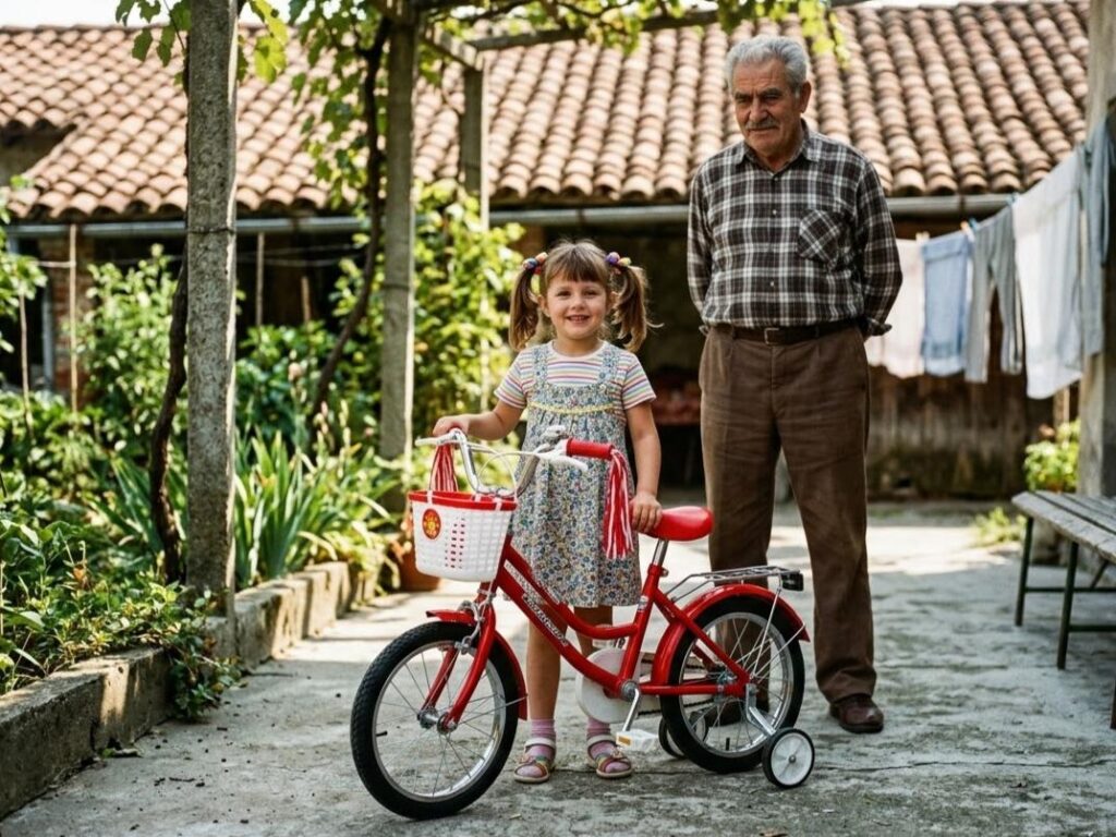 Ponte tra generazioni: una fotografia a colori in stile anni '80 ritrae una bambina sorridente accanto a una bicicletta rossa con le rotelle in un cortile assolato. Sullo sfondo, il nonno anziano la osserva con uno sguardo fiero e composto.