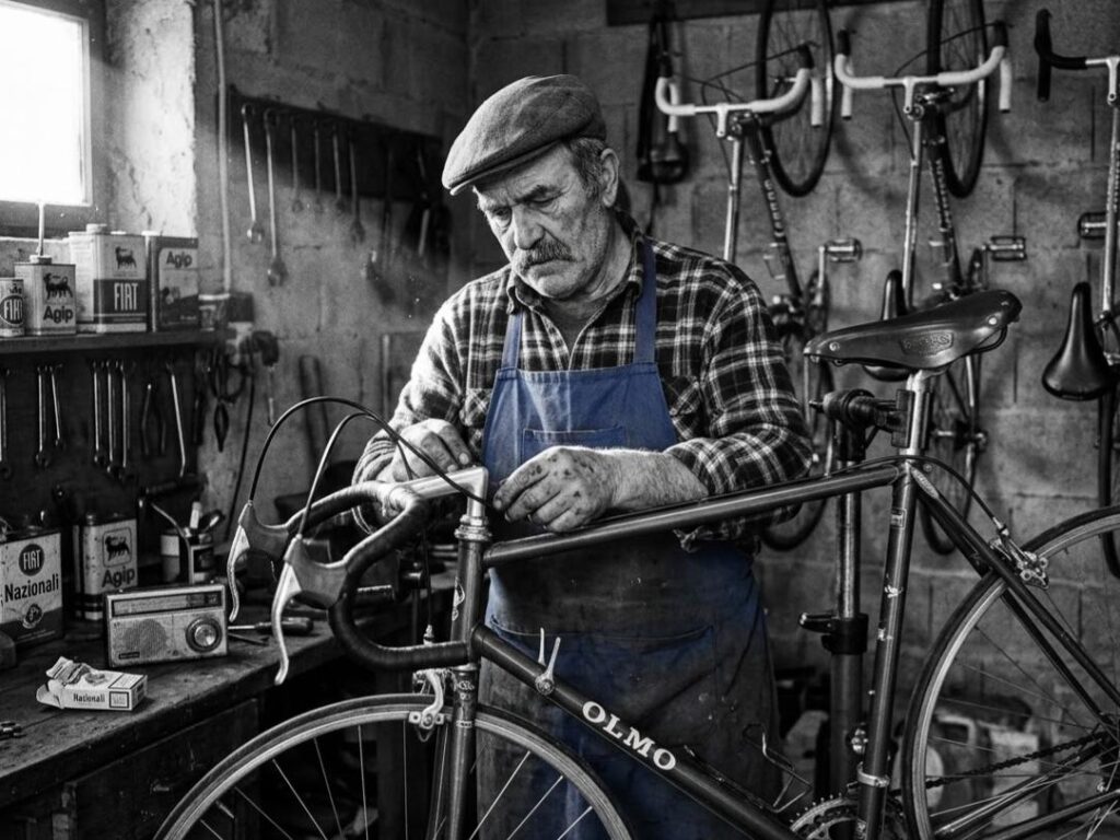 Ponte tra le generazioni: una fotografia in bianco e nero mostra un anziano, con cappello e grembiule, mentre aggiusta con cura il manubrio della sua bici da corsa d'epoca. Sullo sfondo della sua officina ben organizzata, altre biciclette sono appese alle pareti di mattoni.