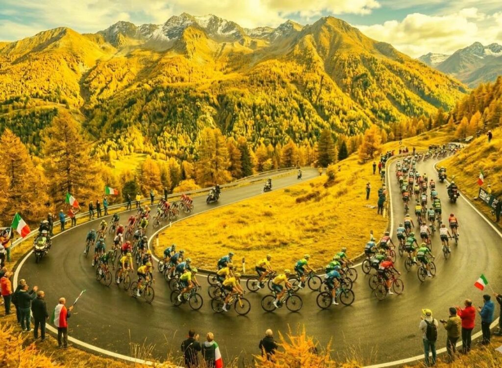 Il Tour de France in Italia: il gruppo sfreccia in una valle alpina gialla come la maglia del Tour, i tornanti sono gremiti di spettatori. Rappresenta appresenta la gloria e il sacrificio degli atleti.