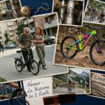 Gemini ha detto Ponte tra generazioni: collage fotografico con al centro un anziano aiutato da una giovane a spingere una bici. Intorno, foto di officine, corse storiche e moderne, con dettagli come campane, catene e un giornale La Stampa. Fondo blu.