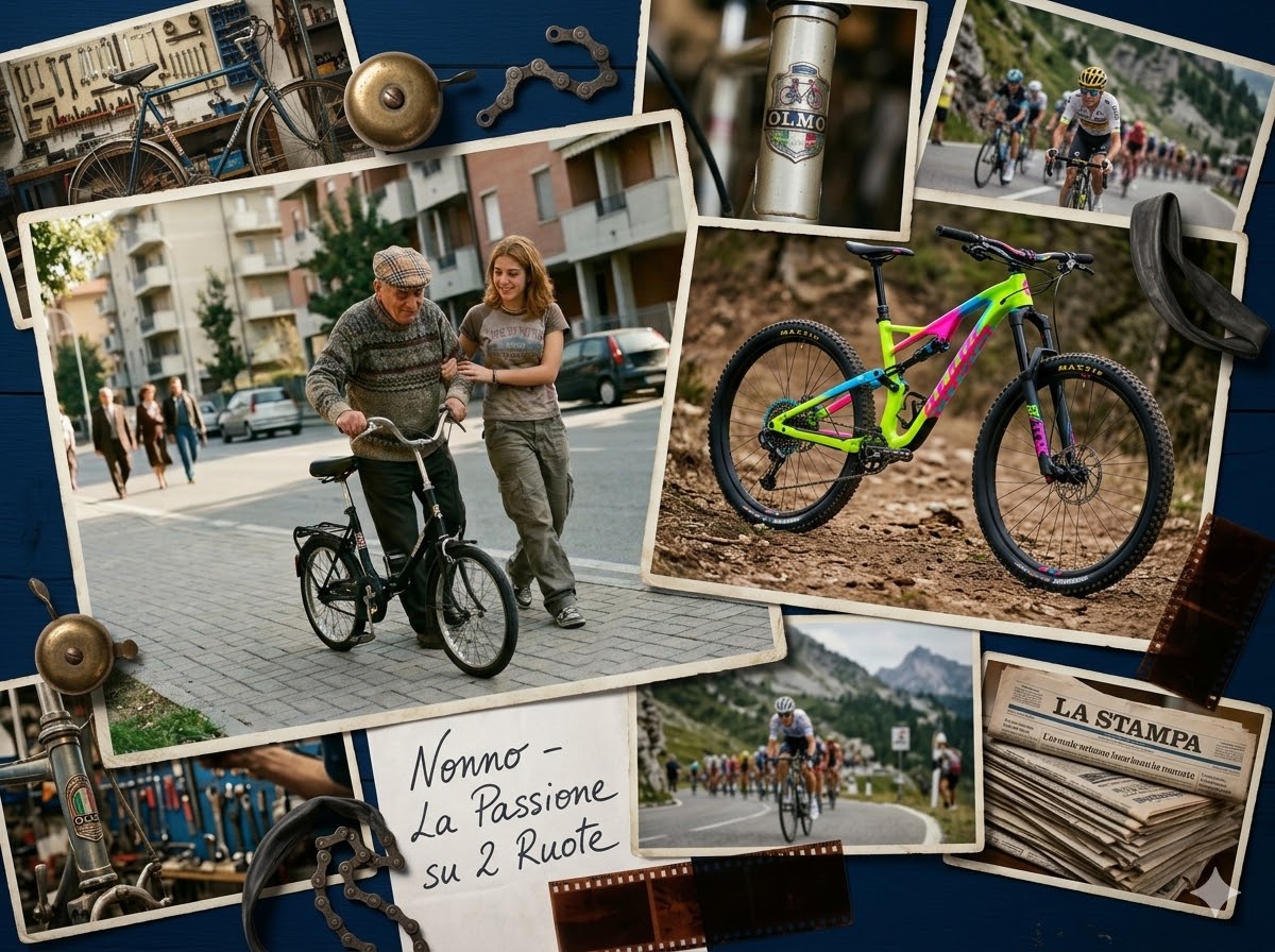 Gemini ha detto Ponte tra generazioni: collage fotografico con al centro un anziano aiutato da una giovane a spingere una bici. Intorno, foto di officine, corse storiche e moderne, con dettagli come campane, catene e un giornale La Stampa. Fondo blu.