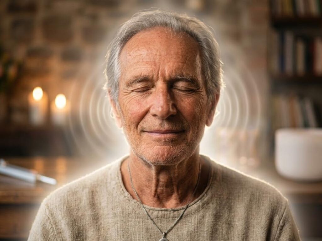 432 Hz e rigenerazione cellulare: un uomo anziano medita con un sorriso sereno, mentre onde sonore luminose e concentriche emanano dalla sua testa. Sullo sfondo, candele accese e una campana tibetana creano un'atmosfera pacifica e rilassante.