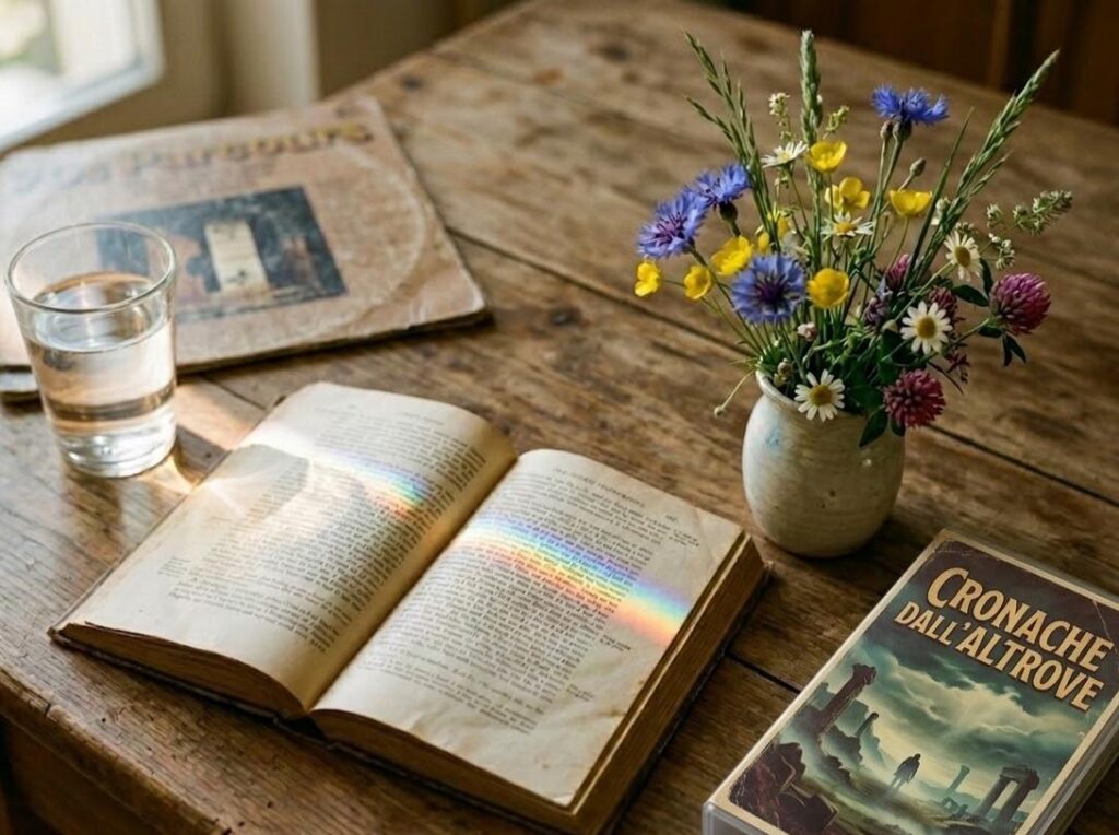 Le categorie del dialogo del qui: su un tavolo di legno antico, un libro aperto riceve un raggio di sole che crea un piccolo arcobaleno tra le pagine. Un bicchiere d'acqua, un mazzo di fiori di campo, una copertina di un vinile e una copertina di una videocassetta completano una scena di quiete e riflessione profonda.