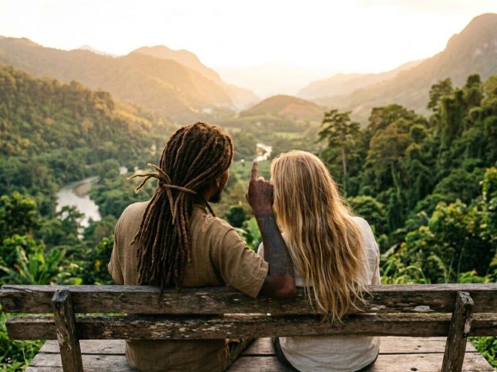 Le categorie del dialogo del qui: Una donna afro e una bianca osservano da una panchina una valle lussureggiante al tramonto. Il gesto di indicare l'orizzonte simboleggia la condivisione di una visione comune e la connessione profonda tra le persone e la natura.