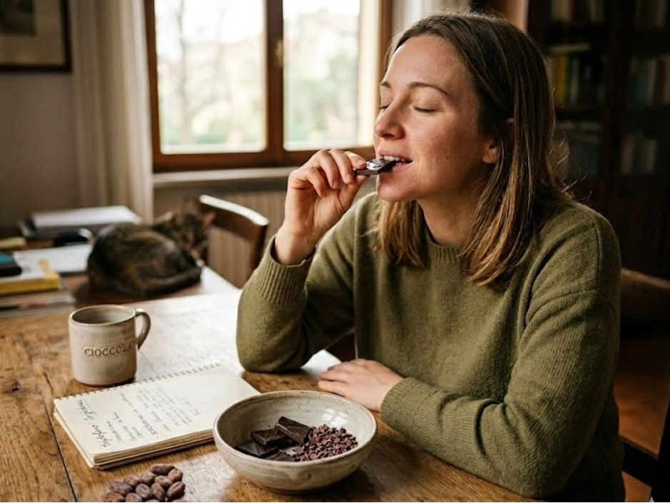 Cibo degli dei: Una donna assapora cioccolato fondente ad occhi chiusi. Sul tavolo, fave di cacao e appunti su serotonina e triptofano evocano il profondo benessere mentale e la felicità rigenerante che questo antico elisir dona allo spirito. 