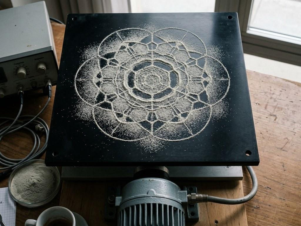 432 Hz e rigenrazione cellulare: Della sabbia crea un disegne geometrico perfetto su una lastra nera grazie alle vibrazioni a 432Hz