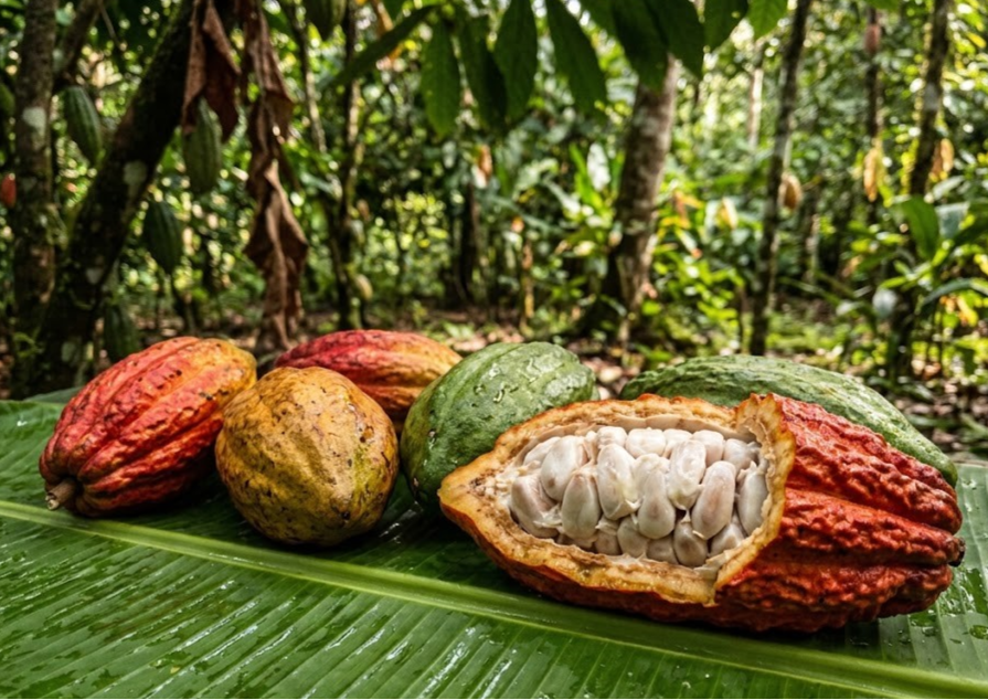 
Cibo degli dei: Frutti di cacao dai colori vivaci su una foglia di banano umida nella foresta. Una cabossa aperta rivela le fave di cacao fresche avvolte nella polpa bianca e succosa, evocando la purezza e il nutrimento vitale per corpo e spirito.
