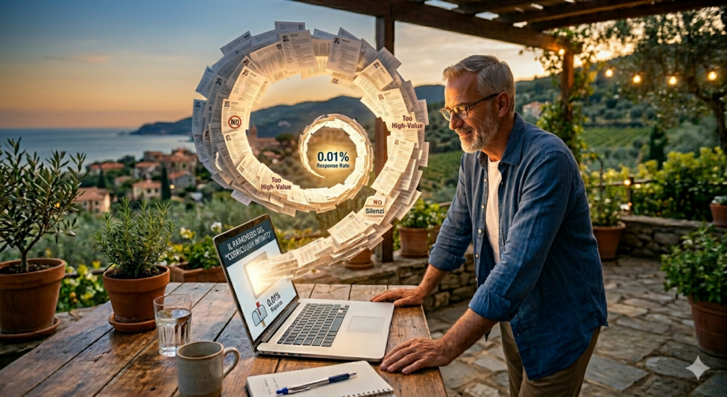 Uomo al laptop su terrazza: un turbine di CV e statistiche negative simboleggia il paradosso della ricerca lavoro.