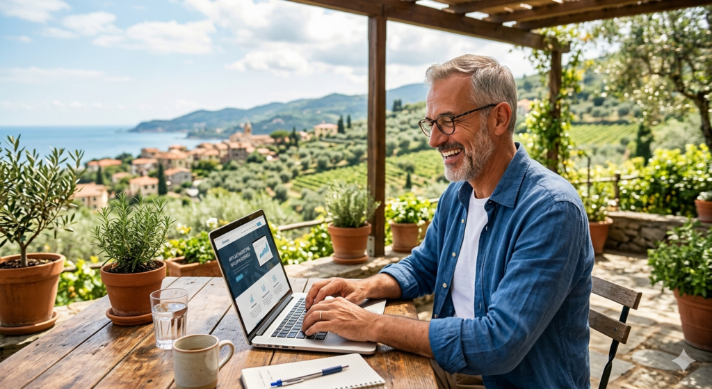 Uomo maturo sorridente lavora al laptop su terrazza panoramica mediterranea con ulivi.