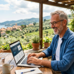 Uomo maturo sorridente lavora al laptop su terrazza panoramica mediterranea con ulivi.
