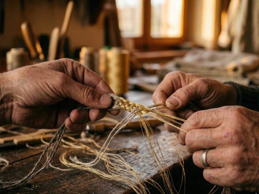 Le del dialogo del qui: Primo piano intenso di mani artigiane anziane che intrecciano fili d'oro e canapa. La luce calda del laboratorio sottolinea la texture e la cura del dettaglio, trasmettendo la profonda connessione tra creazione e storia vissuta.