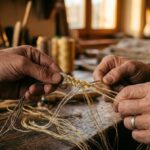 Le del dialogo del qui: Primo piano intenso di mani artigiane anziane che intrecciano fili d'oro e canapa. La luce calda del laboratorio sottolinea la texture e la cura del dettaglio, trasmettendo la profonda connessione tra creazione e storia vissuta.