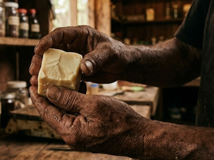Cibo degli dei: Un coltivatore costa-ricano della Talamanca stringe un panetto di burro di cacao puro. La pelle delle mani arsa si scalda, sciogliendo il burro che diventa lucido, evocando il nutrimento ancestrale e l'energia primordiale del cacao.