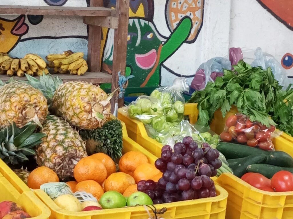 Frutta esotica e spezie in Costa Rica: cassette di ananas, uva e agrumi al colorato mercato di Puerto Viejo de Talamanca.