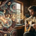 432 Hz e rigenerazione cellulare: un'immagine che fonde musica e biologia, mostrando un musicista che suona la chitarra mentre onde di note luminose influenzano e vitalizzano cellule umane a livello microscopico.