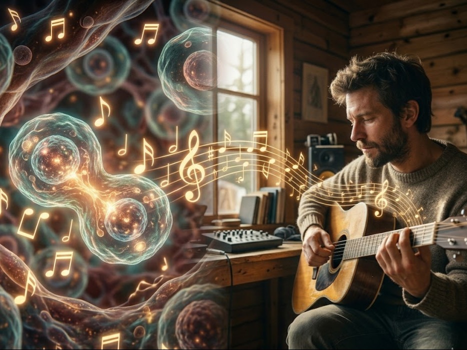 432 Hz e rigenerazione cellulare: un'immagine che fonde musica e biologia, mostrando un musicista che suona la chitarra mentre onde di note luminose influenzano e vitalizzano cellule umane a livello microscopico.