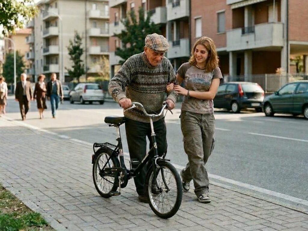 Ponte tra le generazioni: foto reportage. Un anziano con coppola e maglione a motivi geometrici cammina sul marciapiede, appoggiandosi a una bici nera. La nipote, castana, lo sostiene con dolcezza. Sullo sfondo palazzine moderne e auto dell'epoca.
