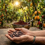 Cibo degli dei: Mani nodose offrono fave di cacao pure su un tavolo antico, sotto il sole caldo di una piantagione. Lo sfondo lussureggiante e la ciotola di polvere scura evocano la connessione profonda con la natura e il benessere per corpo e anima.
