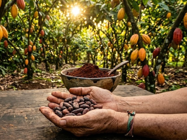 Cibo degli dei: Mani nodose offrono fave di cacao pure su un tavolo antico, sotto il sole caldo di una piantagione. Lo sfondo lussureggiante e la ciotola di polvere scura evocano la connessione profonda con la natura e il benessere per corpo e anima.