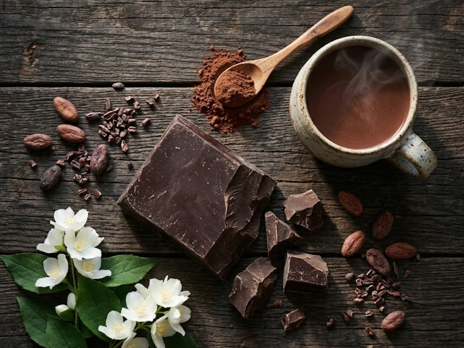 Cibo degli dei: Un rituale del benessere. Dall'alto, su legno, una tazza fumante, cioccolato artigianale 85% spezzato, fave di cacao, un cucchiaio con polvere e petali di gelsomino. Evoca calma, qualità e il piacere quotidiano.