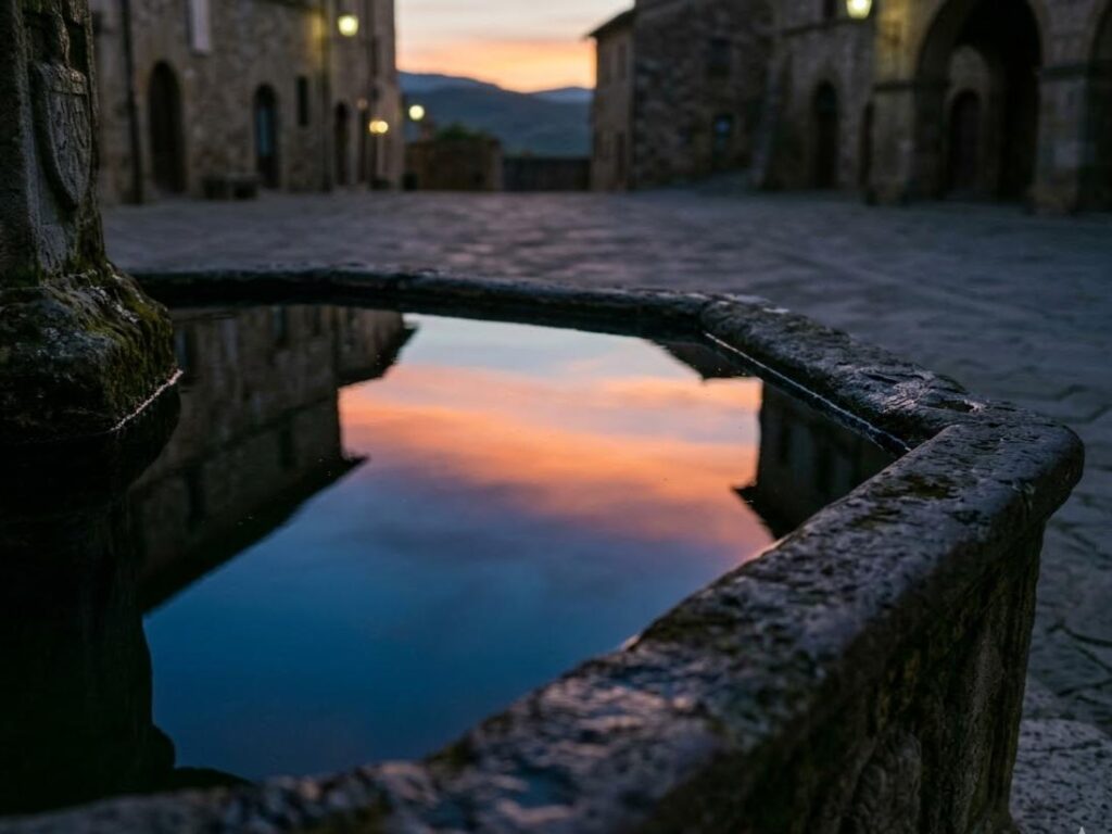 Le categorie del dialogo del qui: Riflesso dell'alba in una fontana. Metafora di ricerca interiore tra filosofia e psicologia. L'acqua specchia la luce nascosta, invitando all'introspezione e alla scoperta di sé.